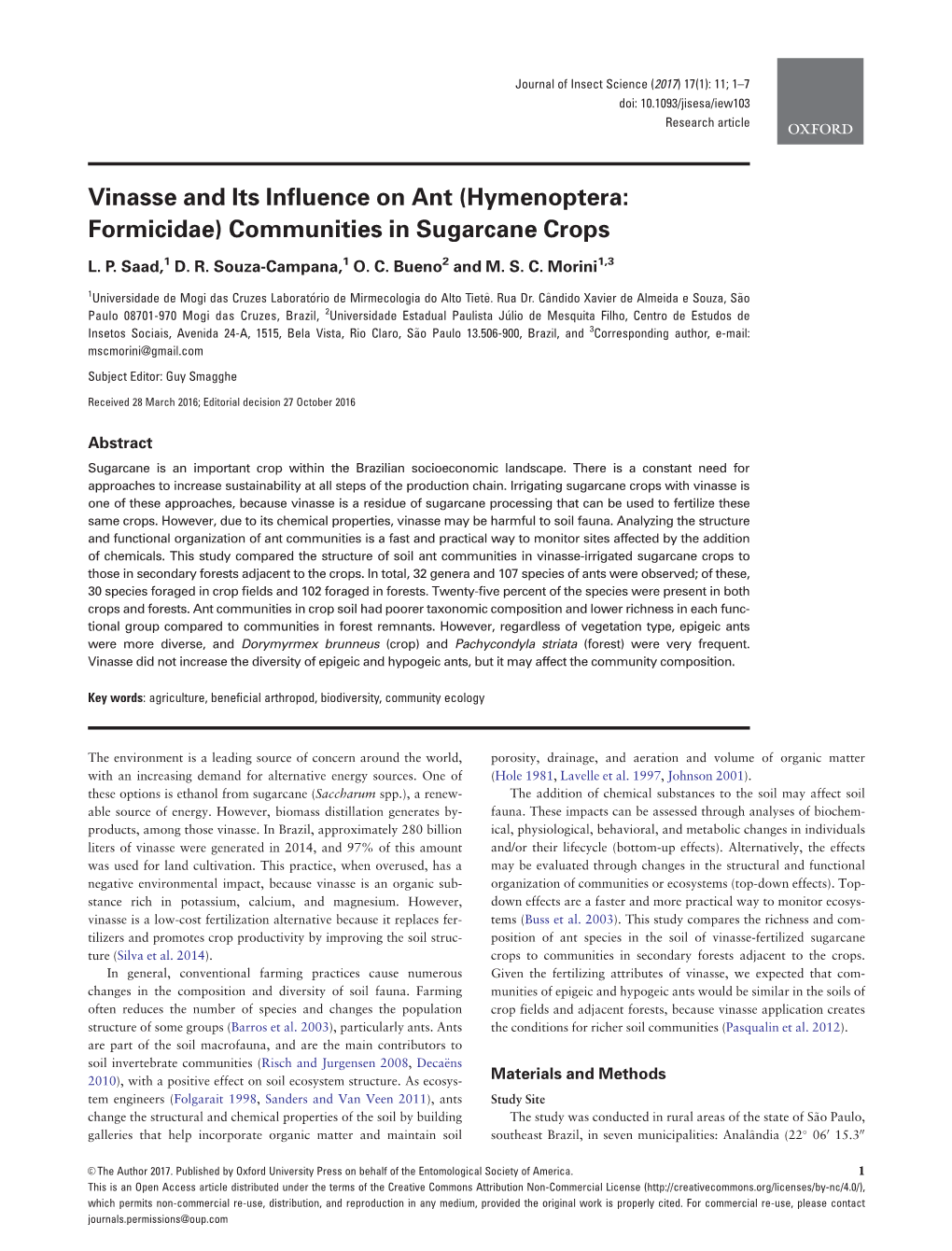 (Hymenoptera: Formicidae) Communities in Sugarcane Crops