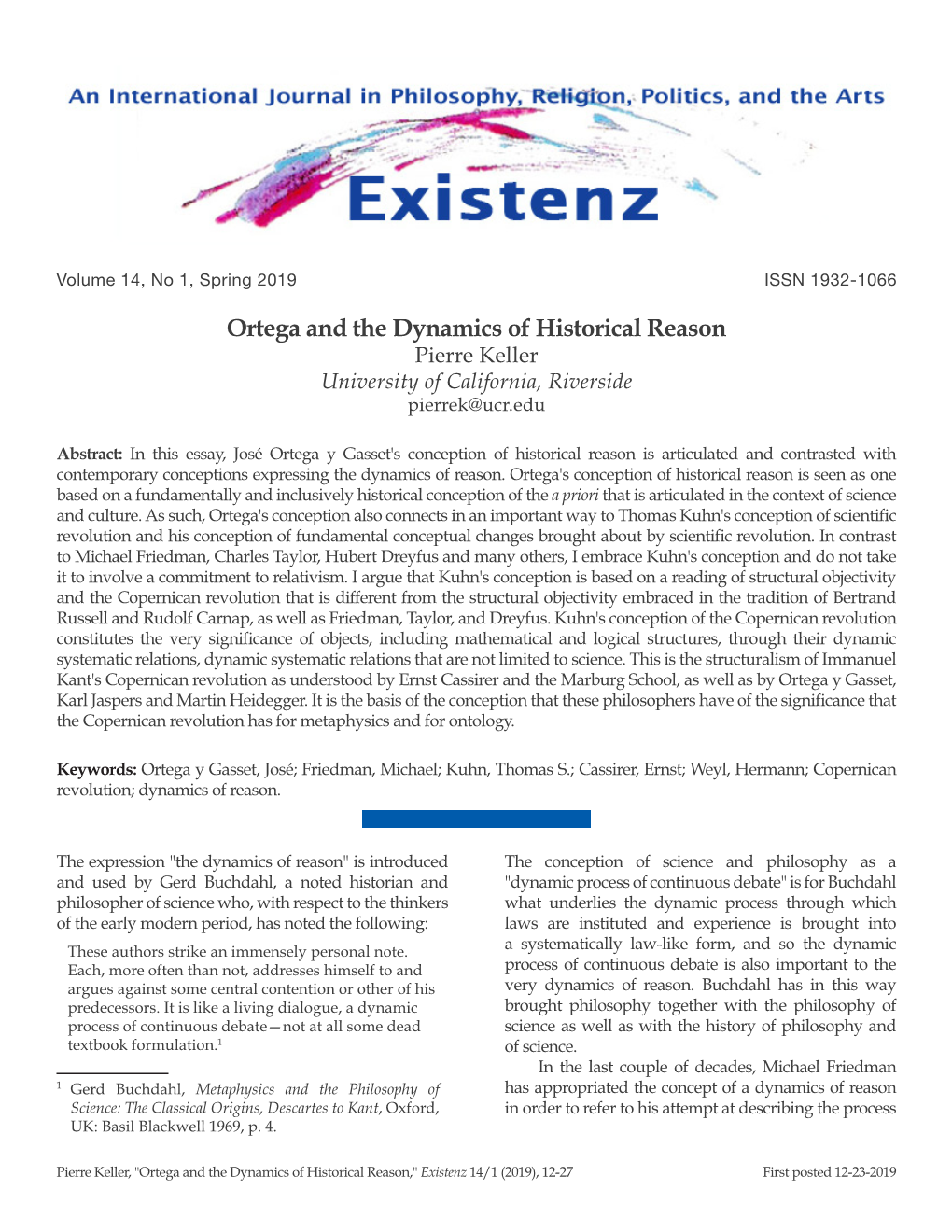 Ortega and the Dynamics of Historical Reason Pierre Keller University of California, Riverside Pierrek@Ucr.Edu