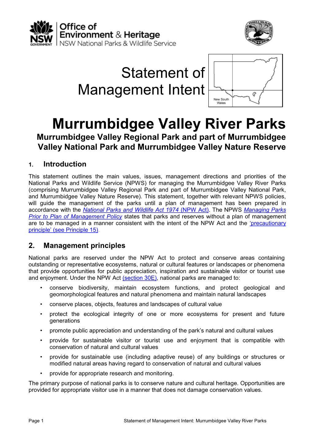 Statement of Management Intent Murrumbidgee Valley River Parks