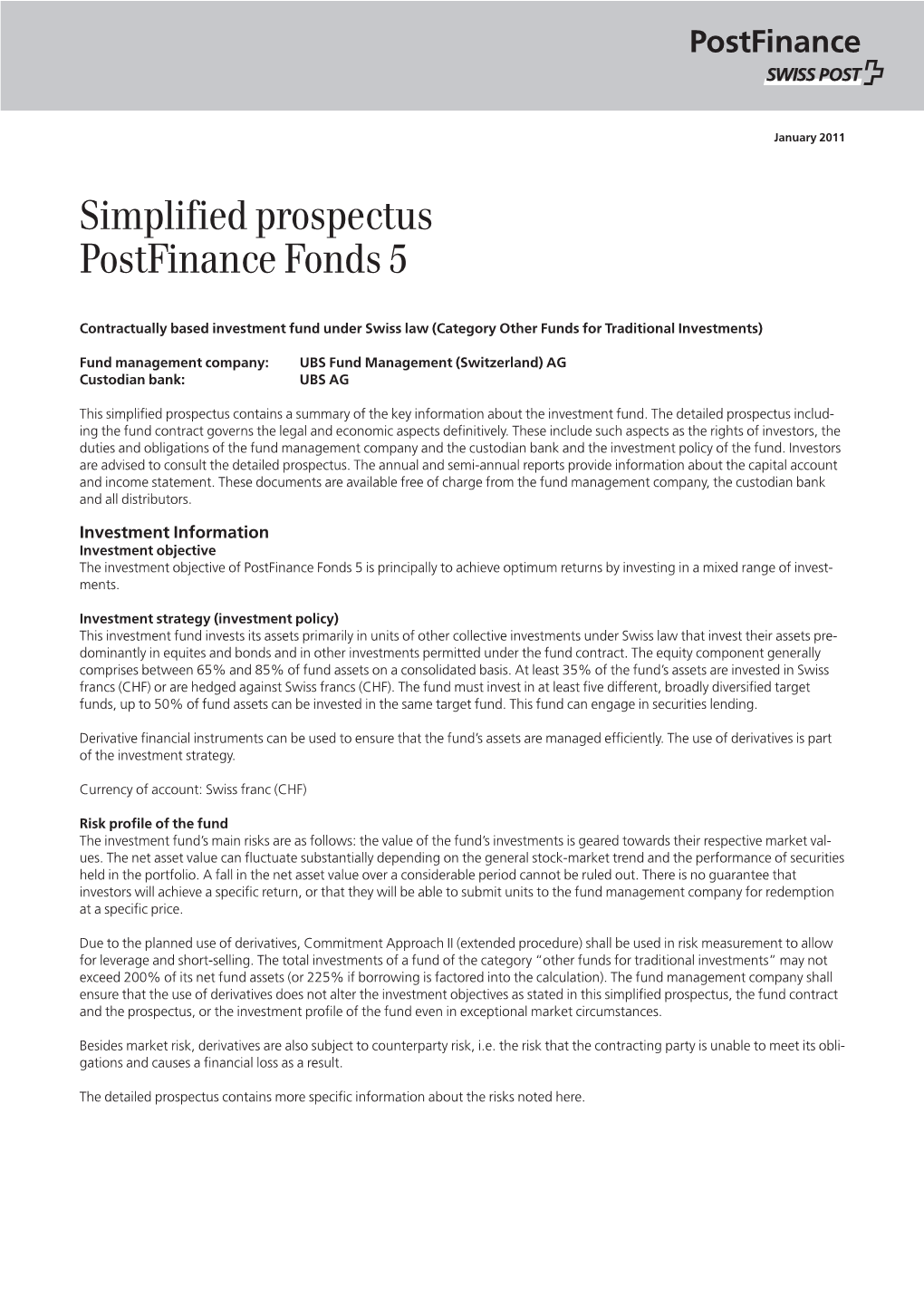 Simplified Prospectus Postfinance Fonds 5
