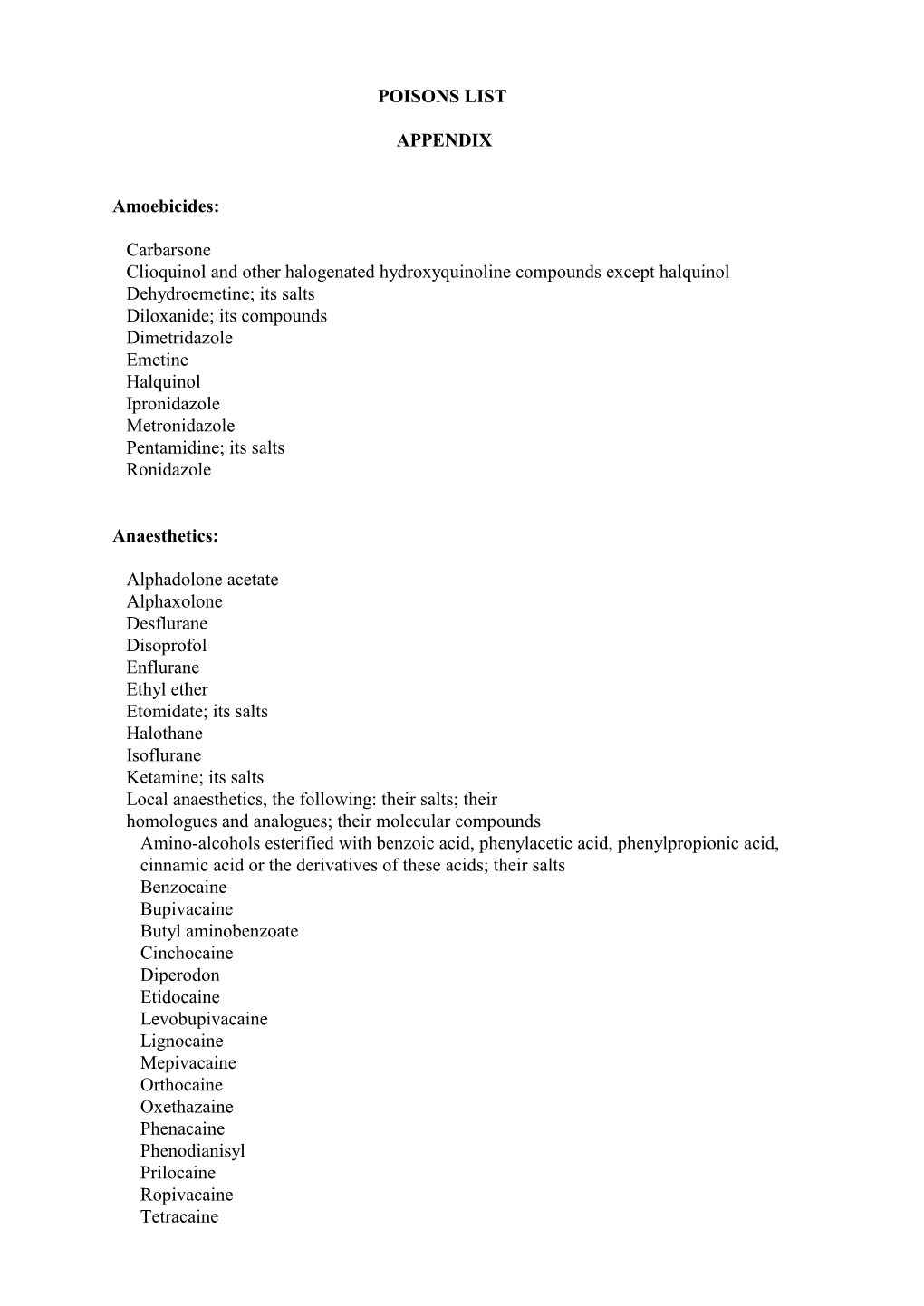 POISONS LIST APPENDIX Amoebicides