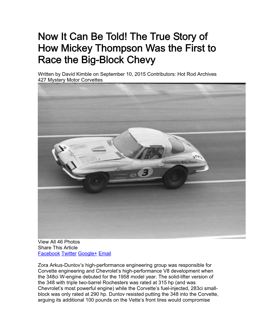 Now It Can Be Told! the True Story of How Mickey Thompson Was the First to Race the Big-Block Chevy
