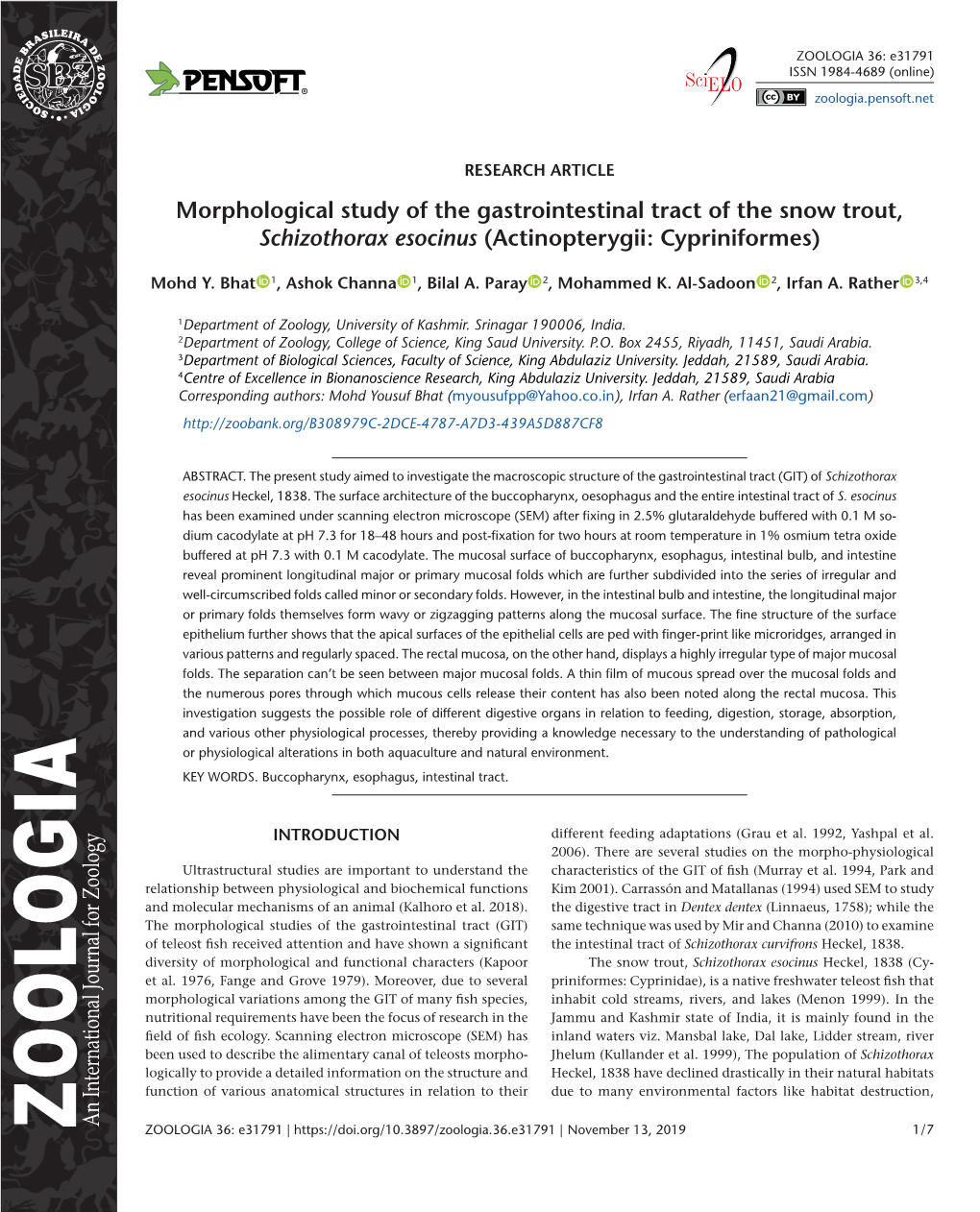 Morphological Study of the Gastrointestinal Tract of the Snow Trout, Schizothorax Esocinus (Actinopterygii: Cypriniformes)