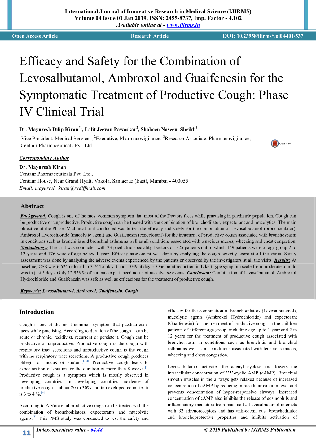 Efficacy and Safety for the Combination of Levosalbutamol, Ambroxol and Guaifenesin for the Symptomatic Treatment of Productive Cough: Phase IV Clinical Trial