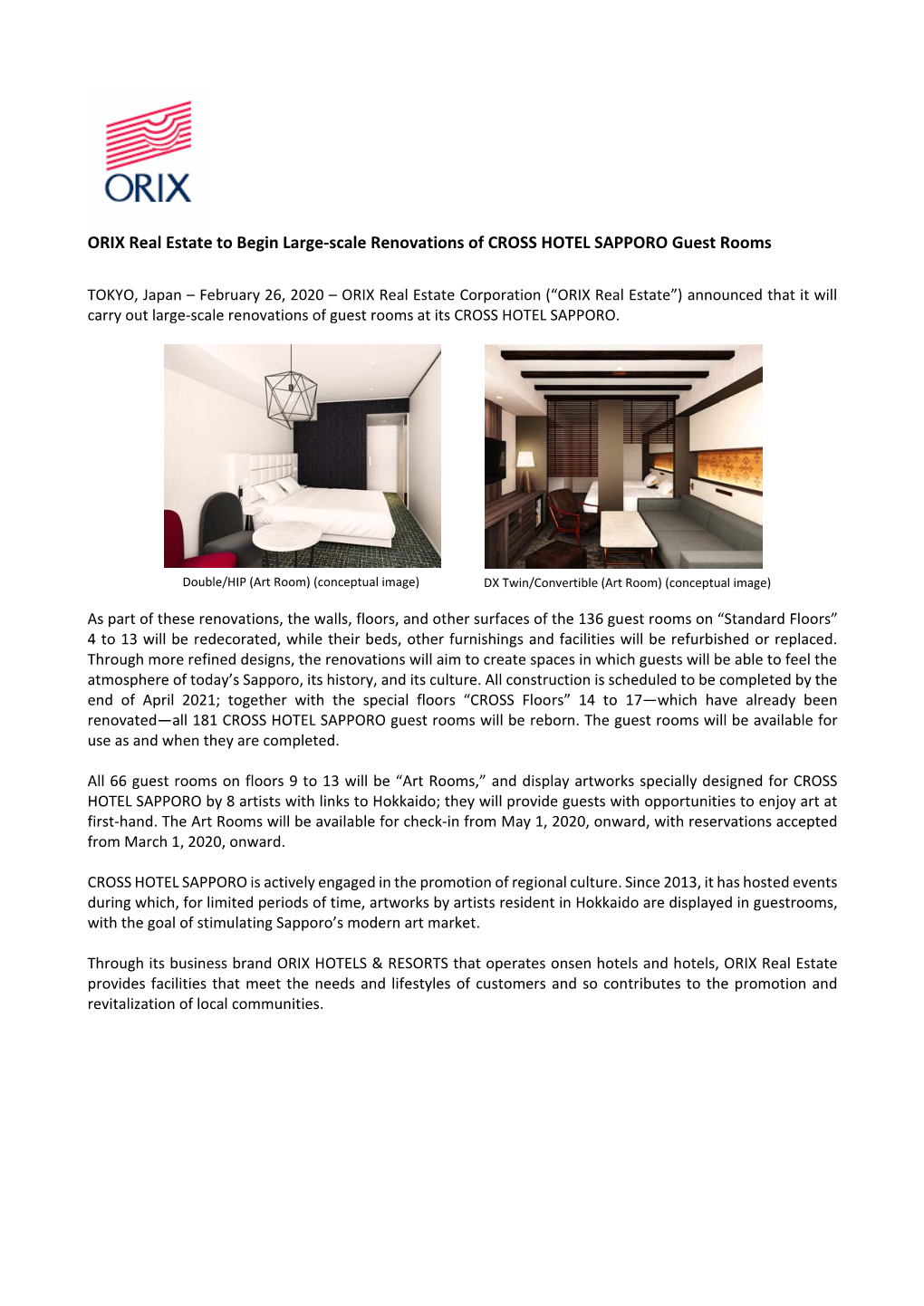 ORIX Real Estate to Begin Large‐Scale Renovations of CROSS HOTEL SAPPORO Guest Rooms