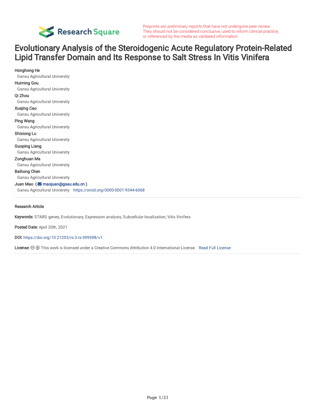 Evolutionary Analysis of the Steroidogenic Acute Regulatory Protein-Related Lipid Transfer Domain and Its Response to Salt Stress in Vitis Vinifera