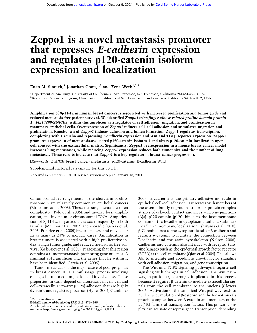 Zeppo1 Is a Novel Metastasis Promoter That Represses E-Cadherin Expression and Regulates P120-Catenin Isoform Expression and Localization