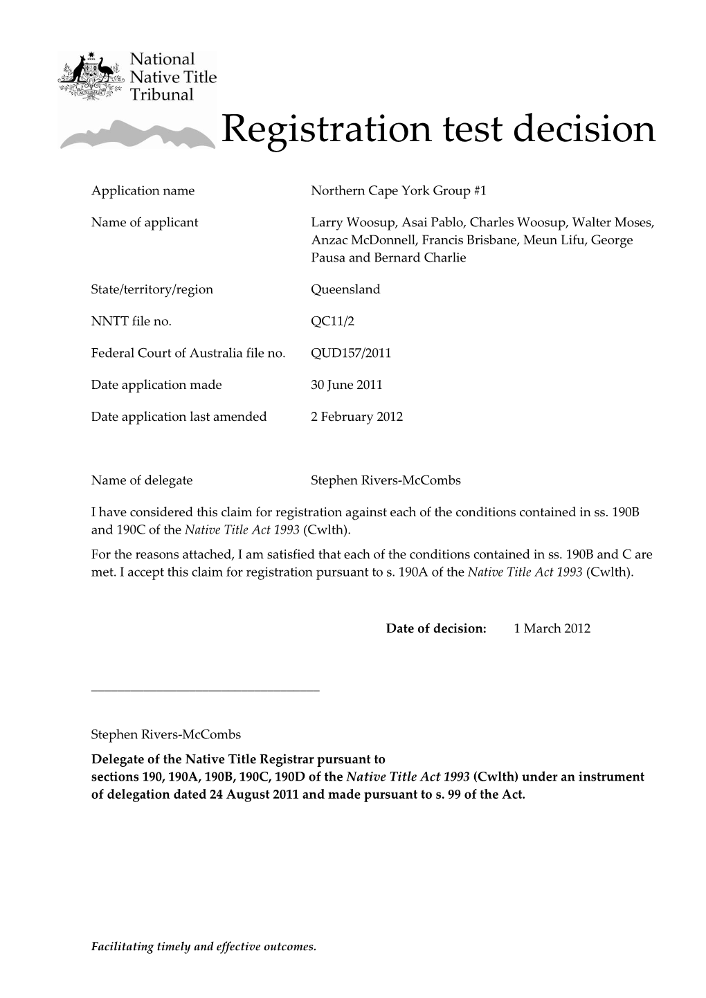 Registration Test Decision