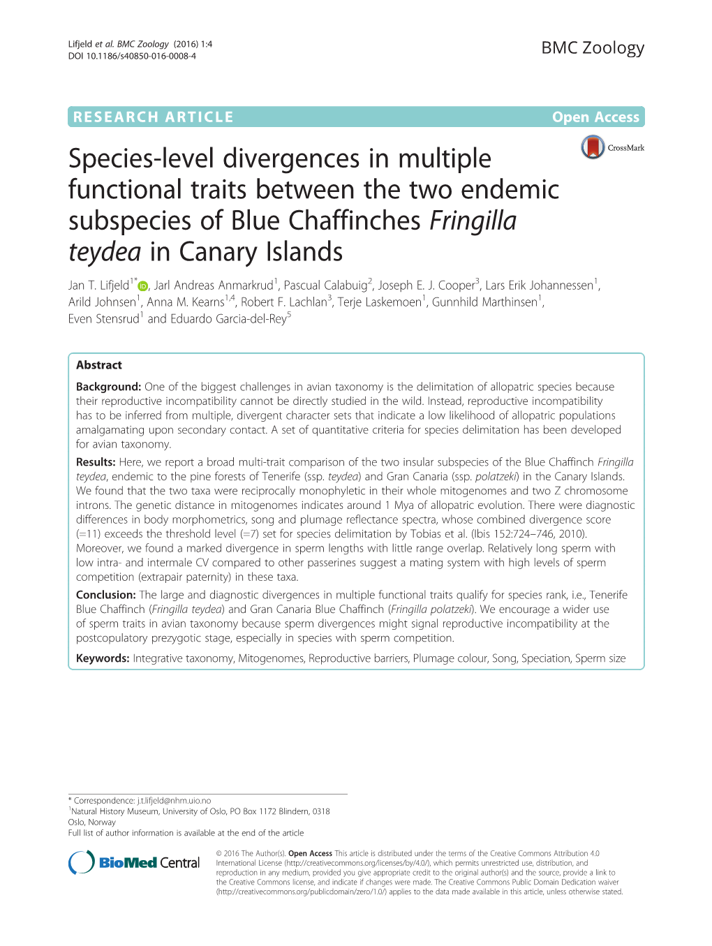Species-Level Divergences in Multiple Functional Traits Between the Two Endemic Subspecies of Blue Chaffinches Fringilla Teydea in Canary Islands Jan T