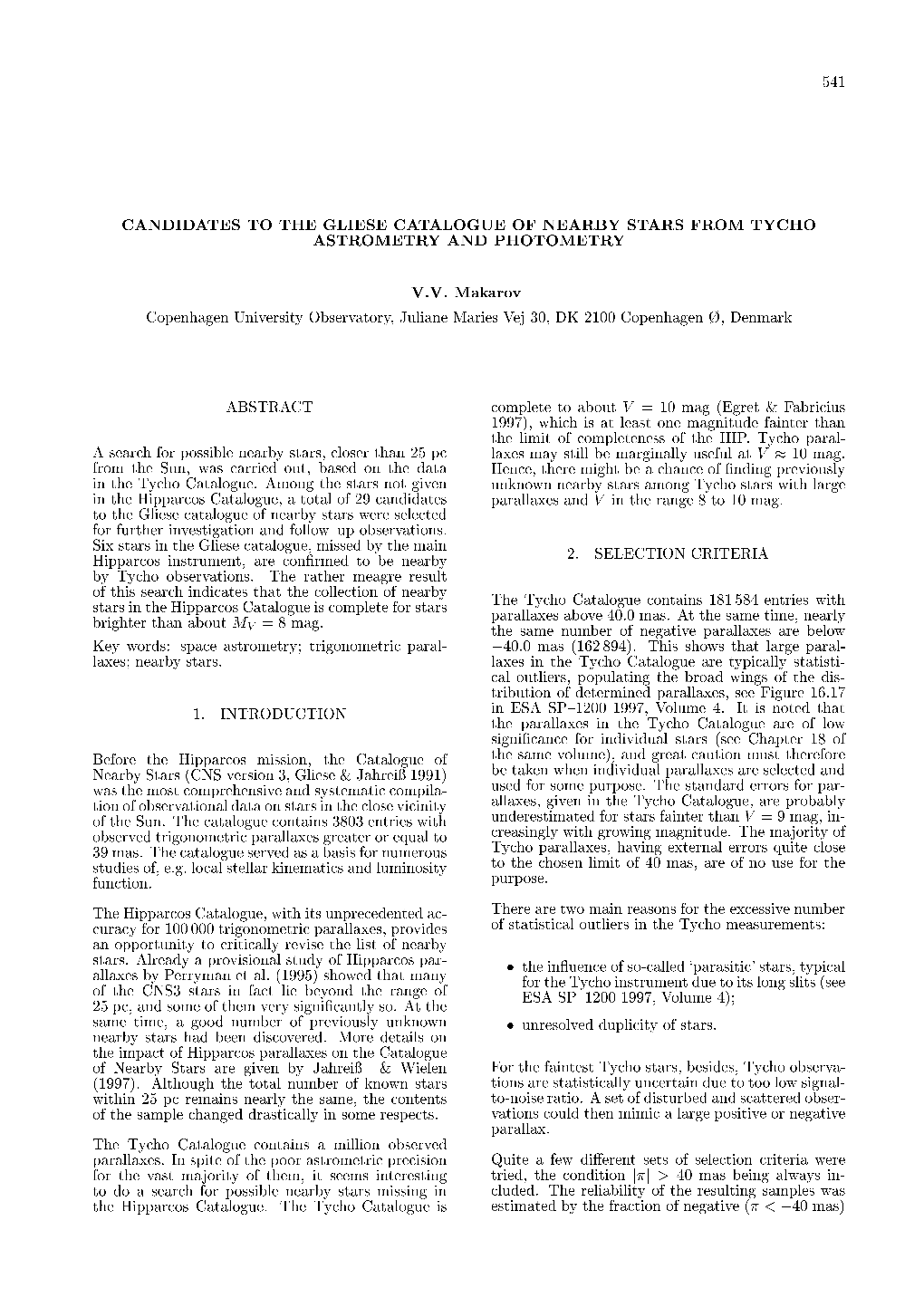 Candidates to the Gliese Catalogue of Nearby Stars from Tycho