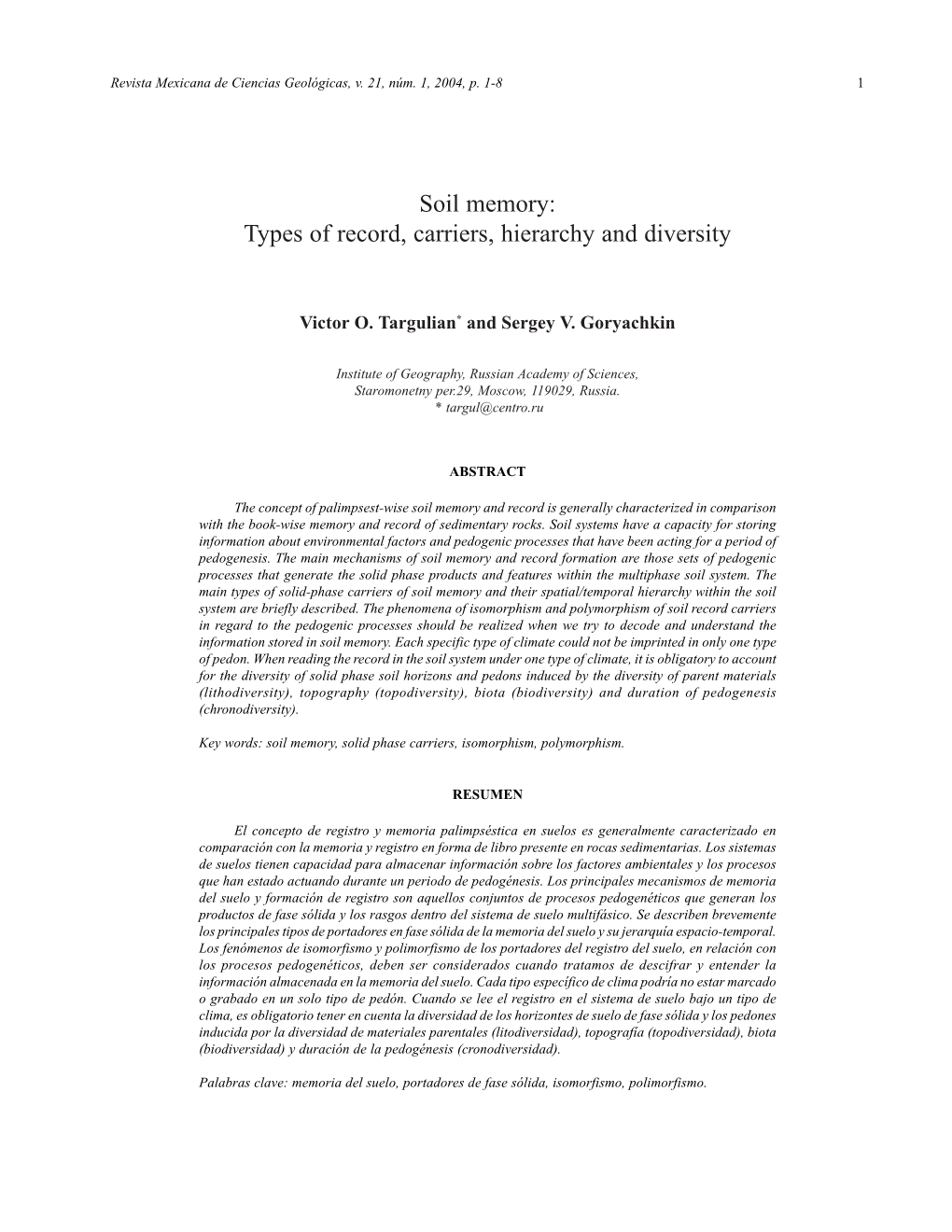 Soil Memory: Types of Record, Carriers, Hierarchy and Diversity