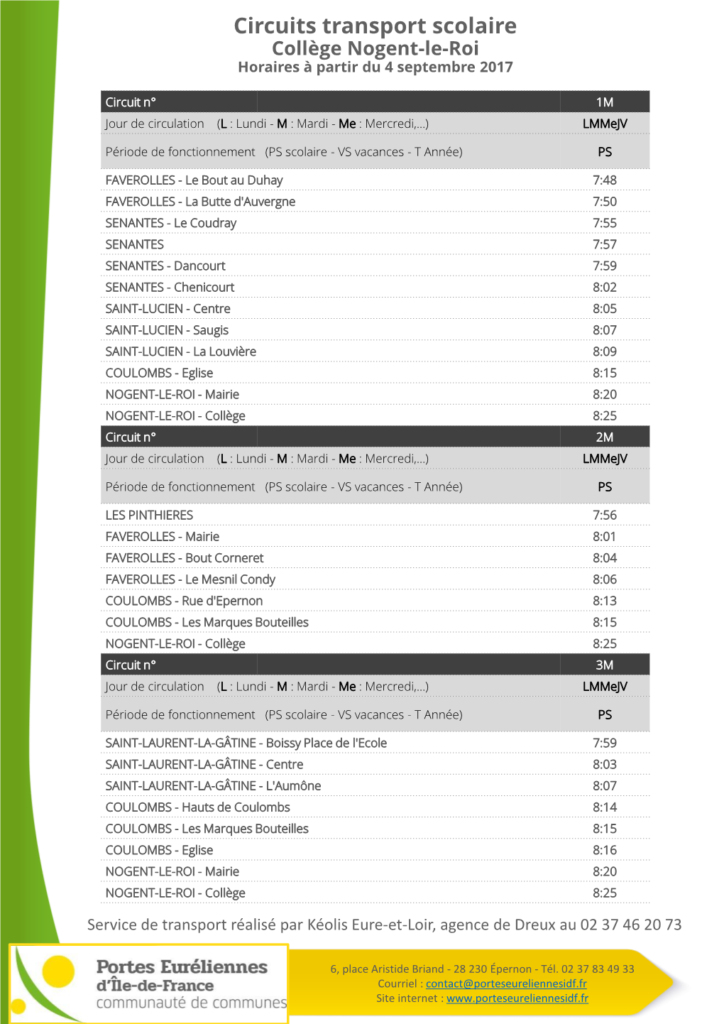 Circuits Transport Scolaire Collège Nogent-Le-Roi Horaires À Partir Du 4 Septembre 2017