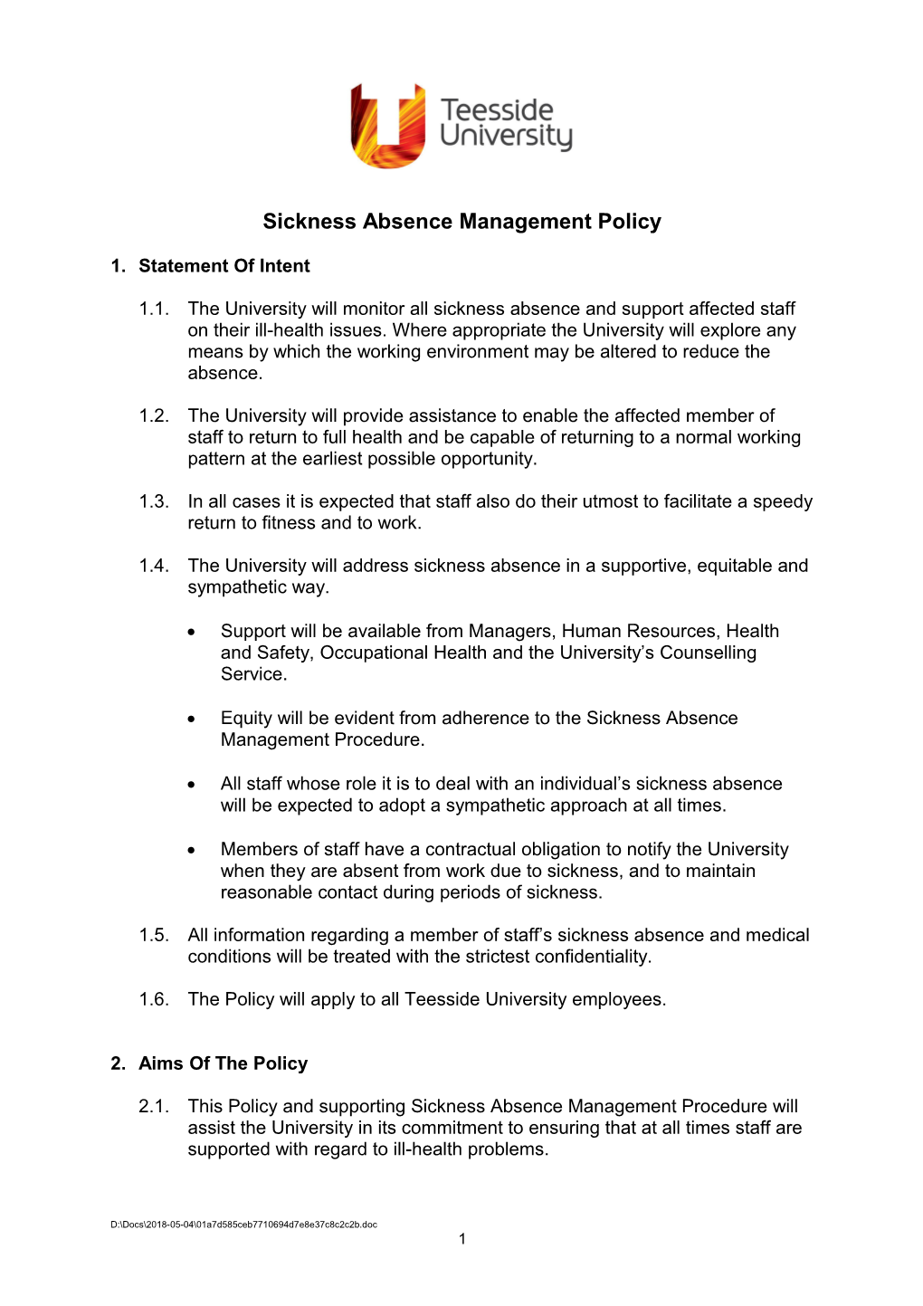 Sickness Absence Management Policy