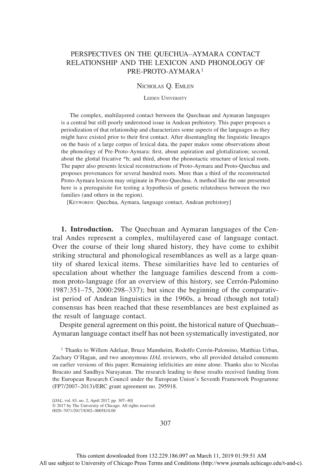 Perspectives on the Quechua–Aymara Contact Relationship and the Lexicon and Phonology of ­ Pre-Proto-Aymara 1