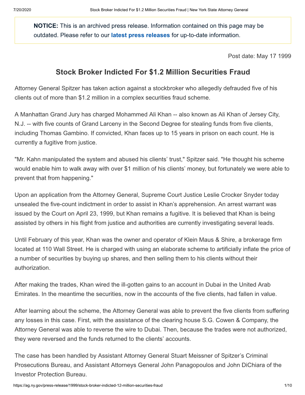 Stock Broker Indicted for $1.2 Million Securities Fraud | New York State Attorney General