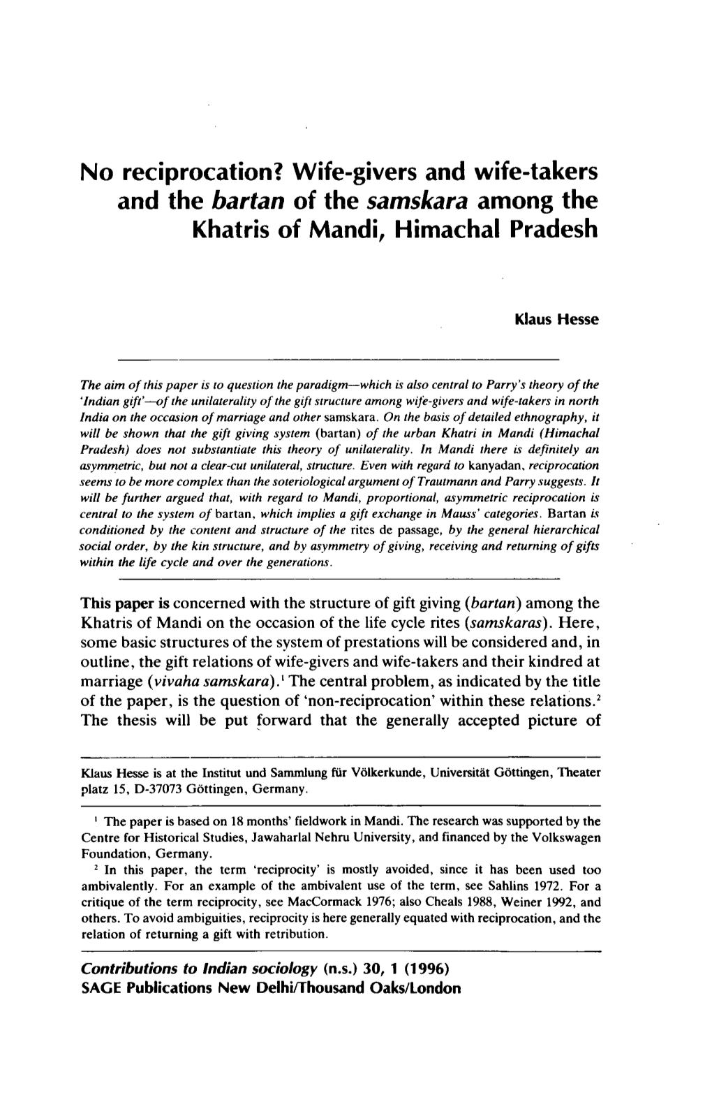 No Reciprocation? Wife-Givers and Wife-Takers and the Bartan of the Samskara Among the Khatris of Mandi, Himachal Pradesh