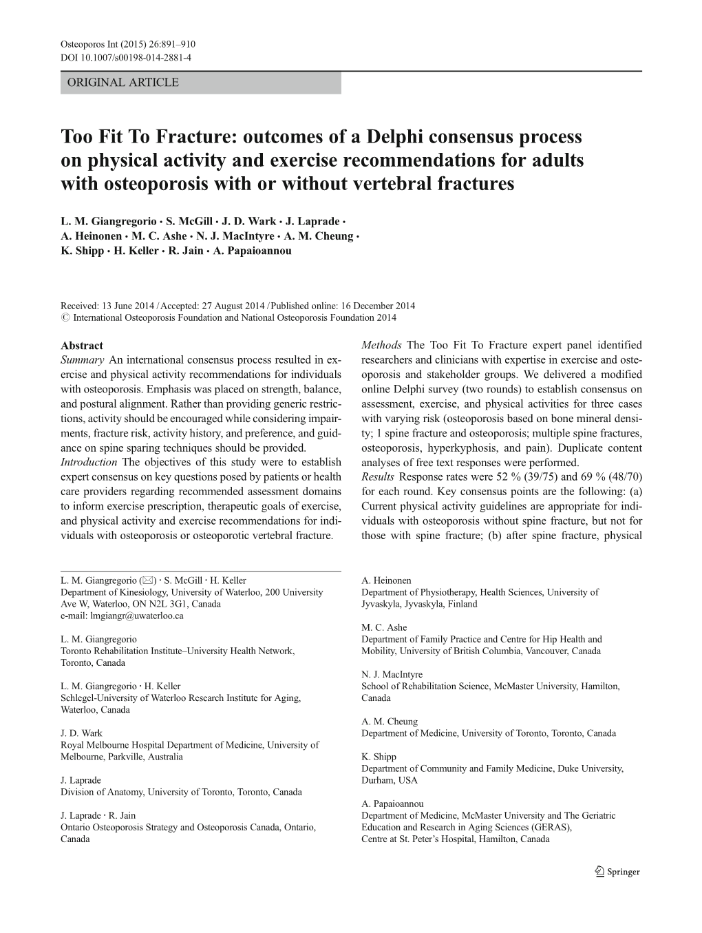 Too Fit to Fracture: Outcomes of a Delphi Consensus Process on Physical Activity and Exercise Recommendations for Adults with Os