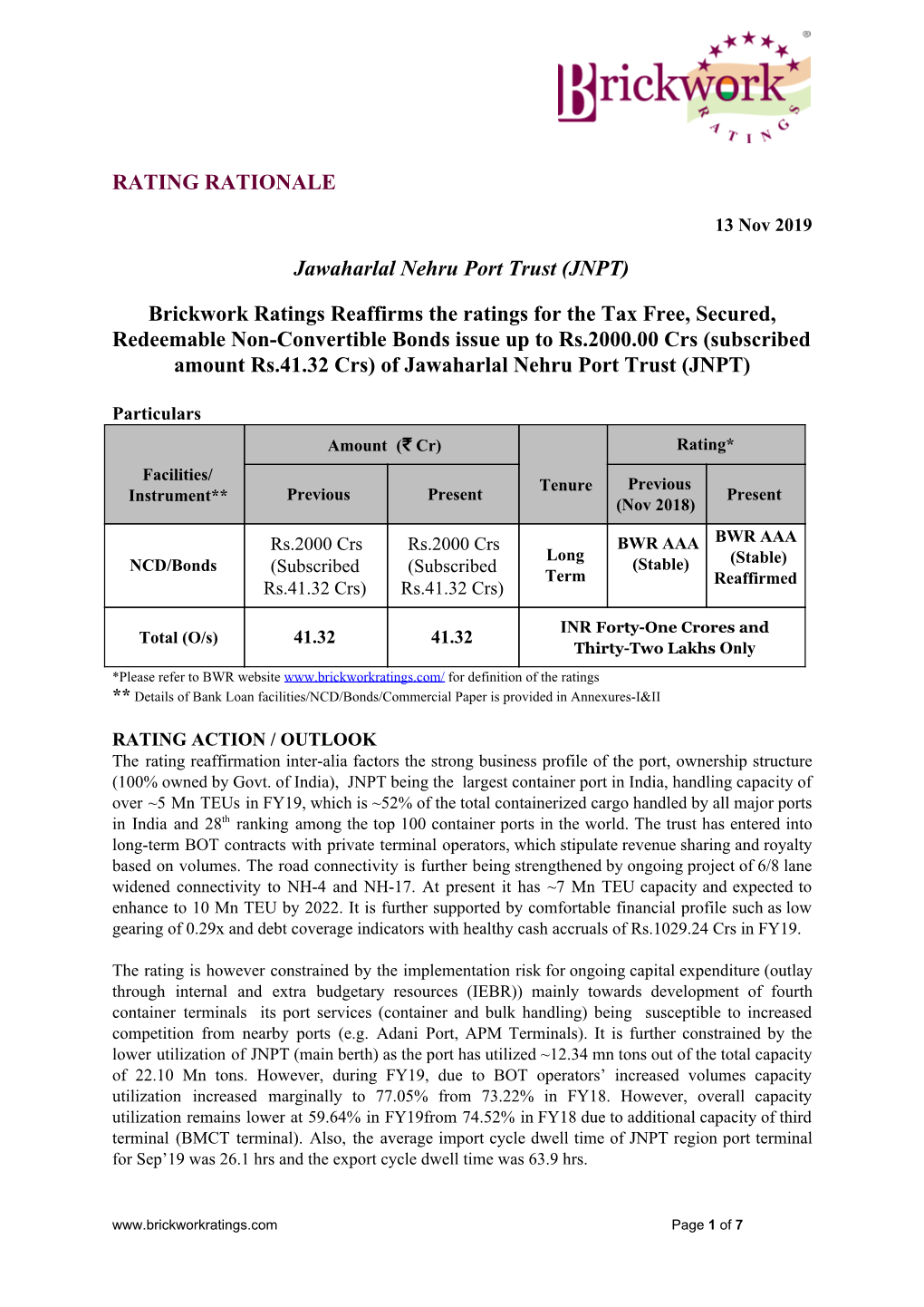 RATING RATIONALE Jawaharlal Nehru Port