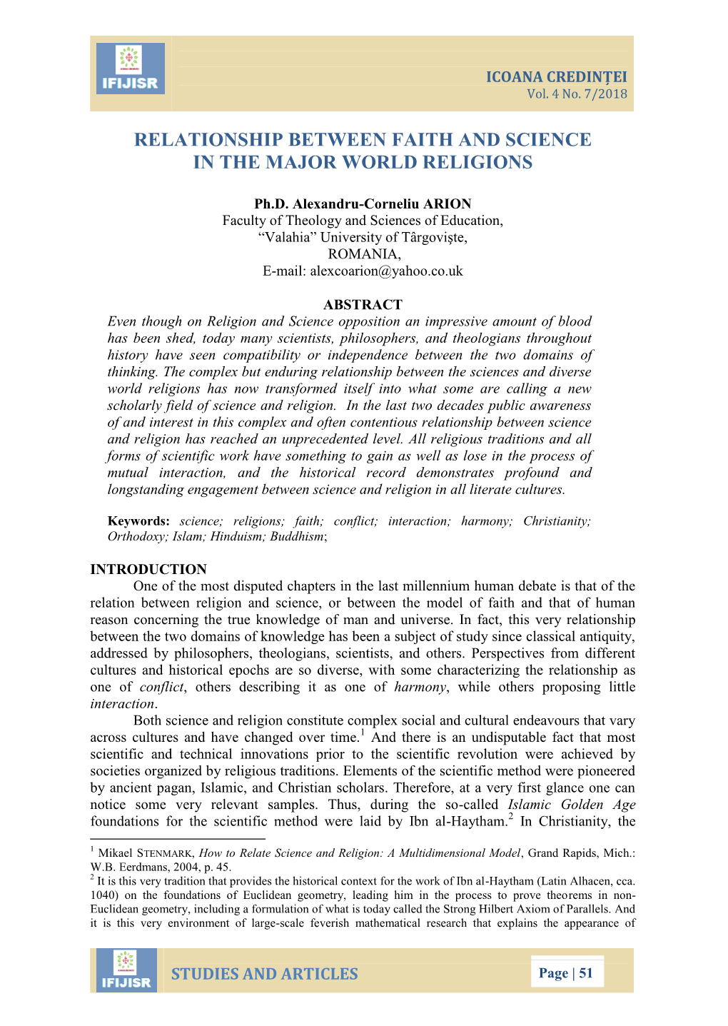 Relationship Between Faith and Science in the Major World Religions