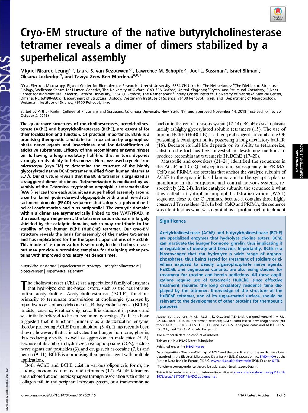 Cryo-EM Structure of the Native Butyrylcholinesterase Tetramer Reveals a Dimer of Dimers Stabilized by a Superhelical Assembly