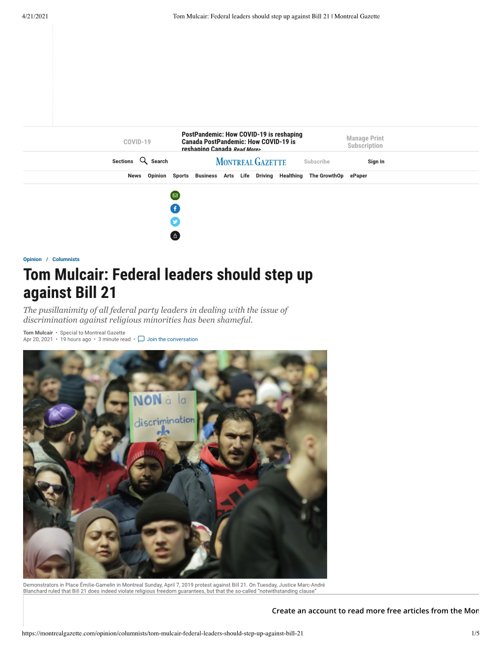 Tom Mulcair: Federal Leaders Should Step up Against Bill 21 | Montreal Gazette