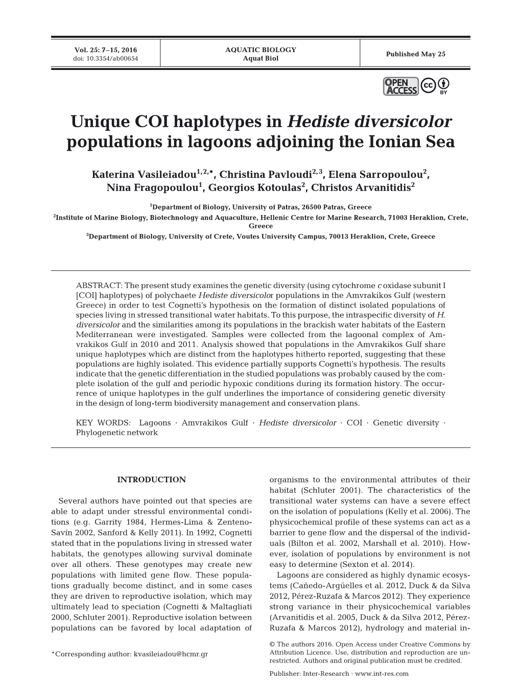 Unique COI Haplotypes in Hediste Diversicolor Populations in Lagoons Adjoining the Ionian Sea