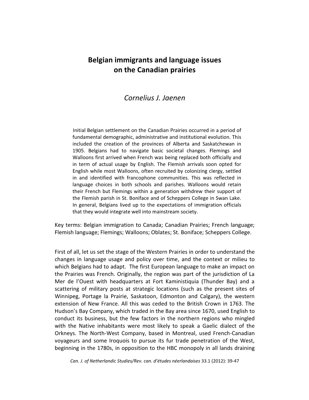 Belgian Immigrants and Language Issues on the Canadian Prairies