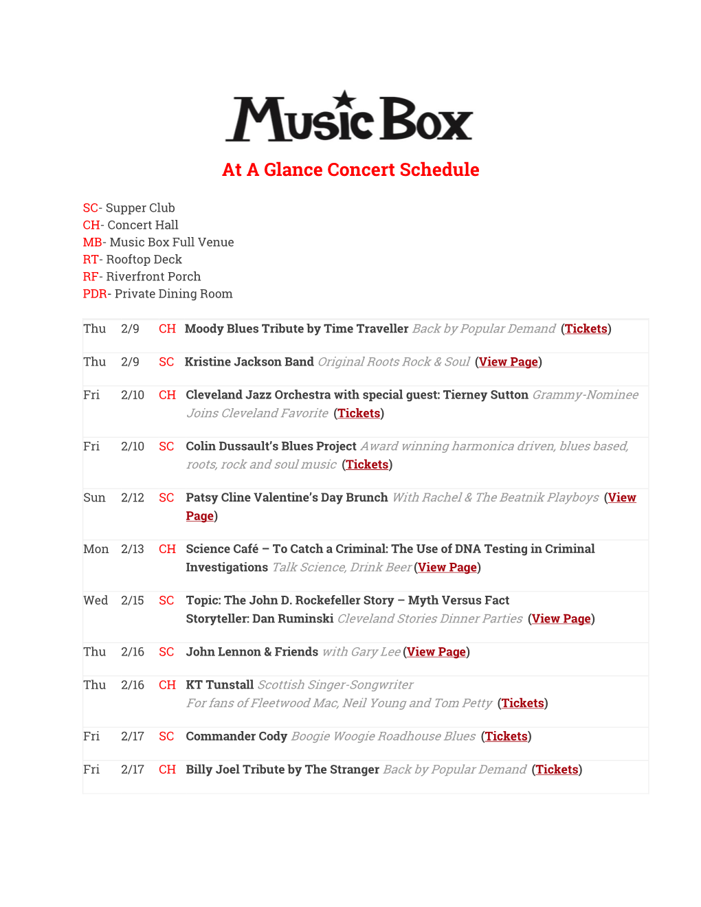 At a Glance Concert Schedule