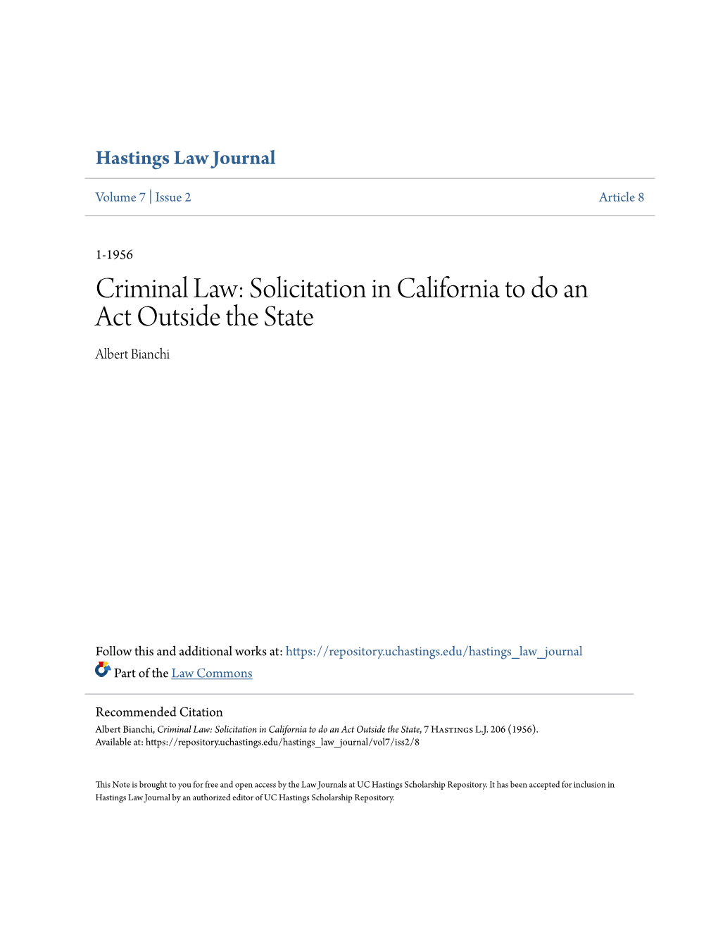 Criminal Law: Solicitation in California to Do an Act Outside the State Albert Bianchi