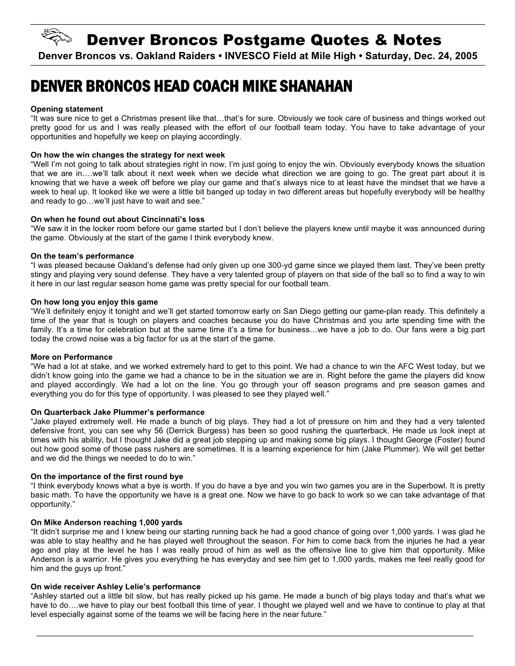 Denver Broncos Head Coach Mike Shanahan