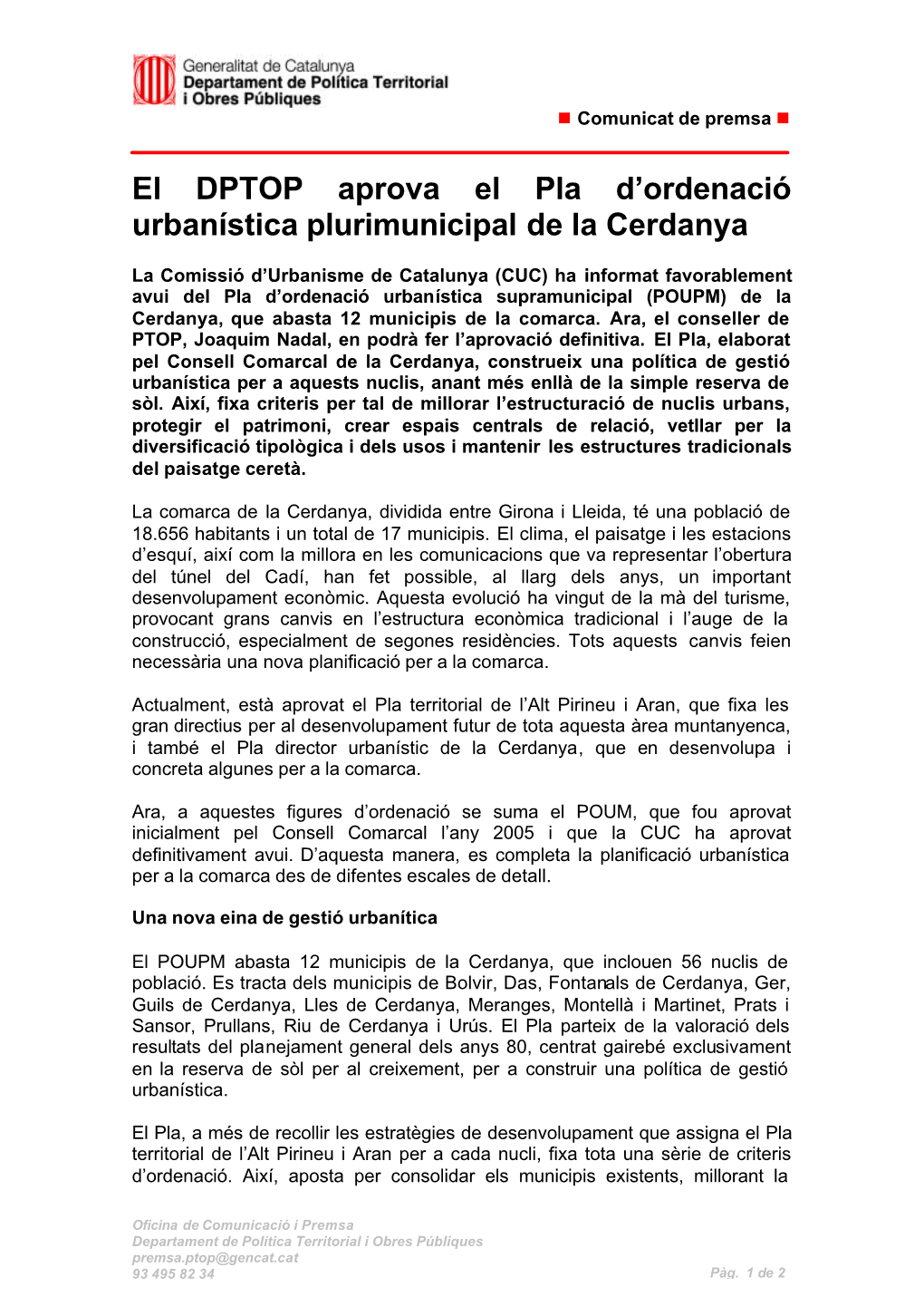 El DPTOP Aprova El Pla D'ordenació Urbanística Plurimunicipal De La Cerdanya