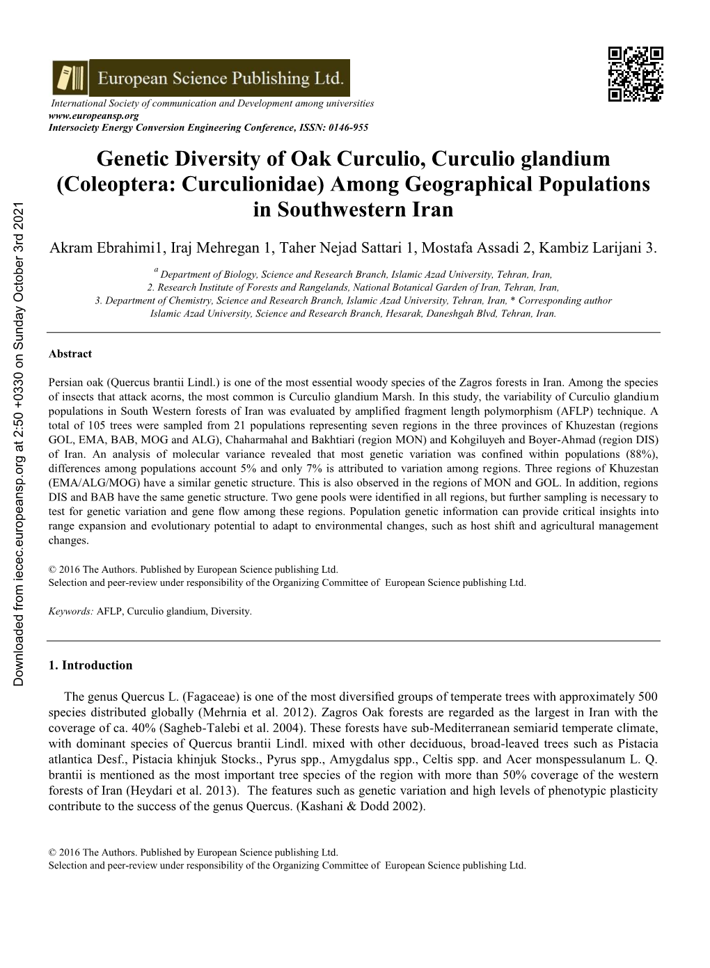 Genetic Diversity of Oak Curculio, Curculio Glandium (Coleoptera: Curculionidae) Among Geographical Populations in Southwestern Iran