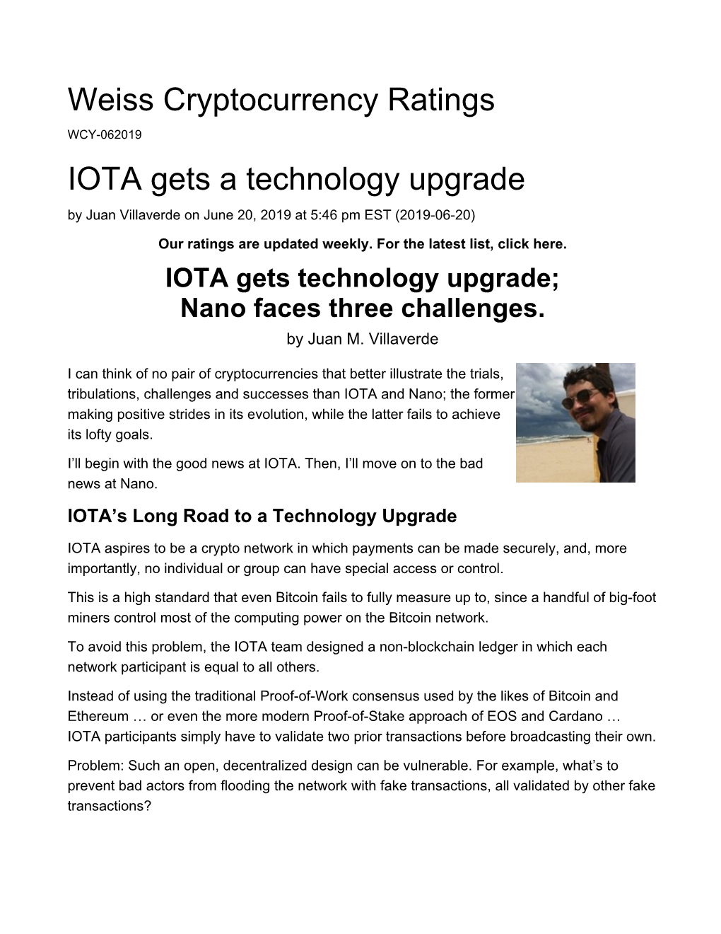 IOTA Gets a Technology Upgrade — Weiss Ratings Issues