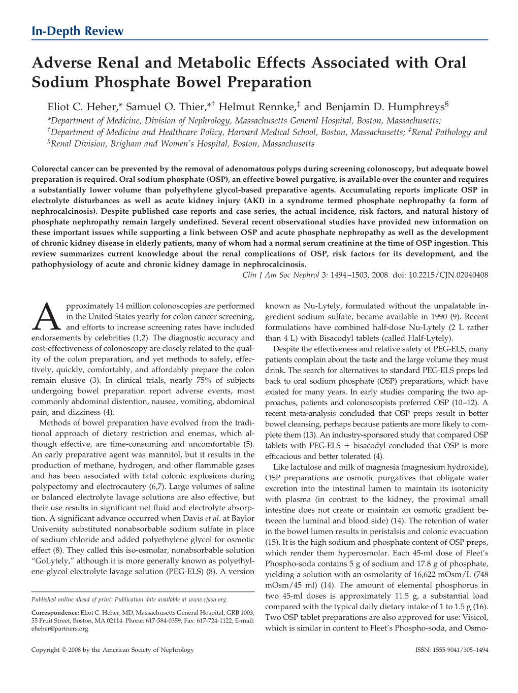 Adverse Renal and Metabolic Effects Associated with Oral Sodium Phosphate Bowel Preparation