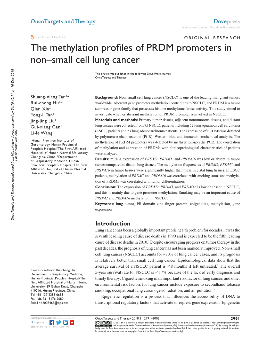 The Methylation Profiles of PRDM Promoters in Non–Small Cell Lung Cancer