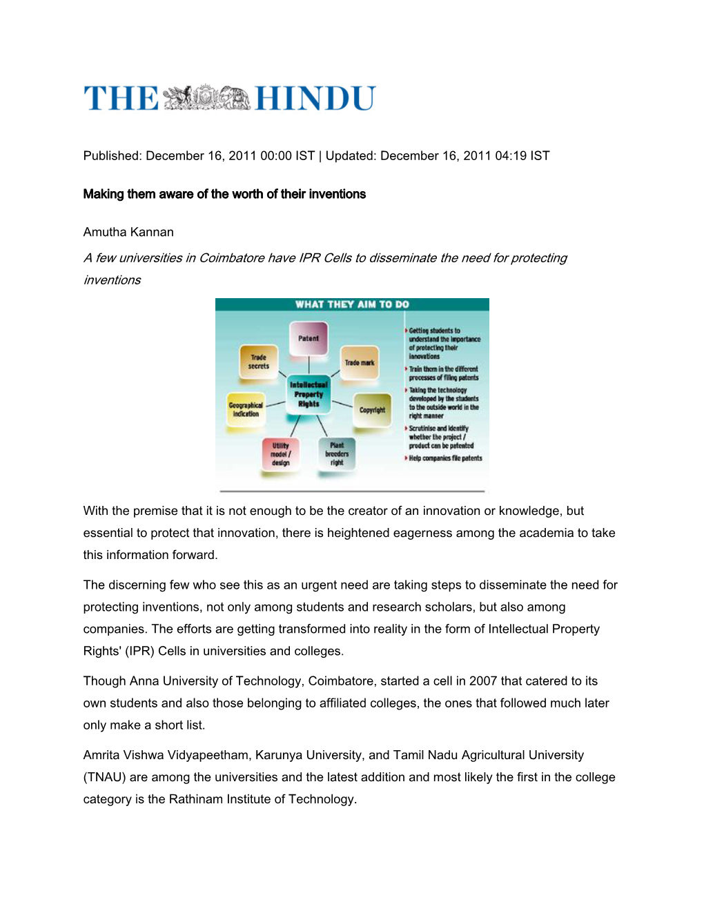 A Few Universities in Coimbatore Have IPR Cells to Disseminate the Need for Protecting Inventions