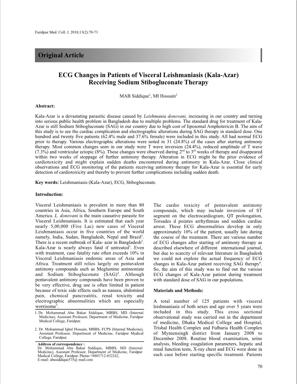 ECG Changes in Patients of Visceral Leishmaniasis (Kala-Azar) Receiving Sodium Stibogluconate Therapy