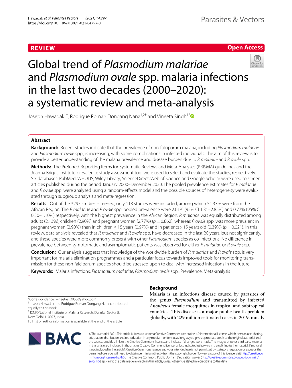 Global Trend of Plasmodium Malariae and Plasmodium Ovale Spp. Malaria Infections in the Last Two Decades