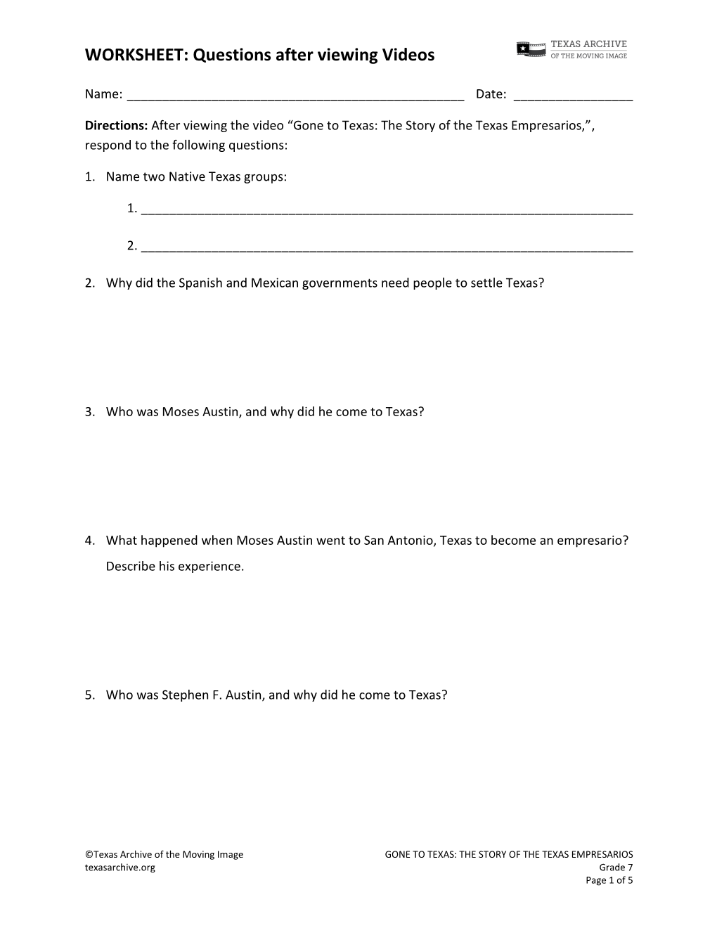 WORKSHEET: Questions After Viewing Videos