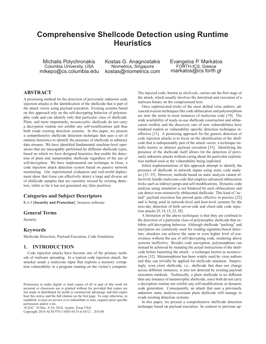 Comprehensive Shellcode Detection Using Runtime Heuristics