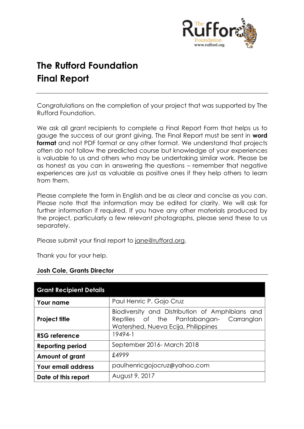 The Rufford Foundation Final Report