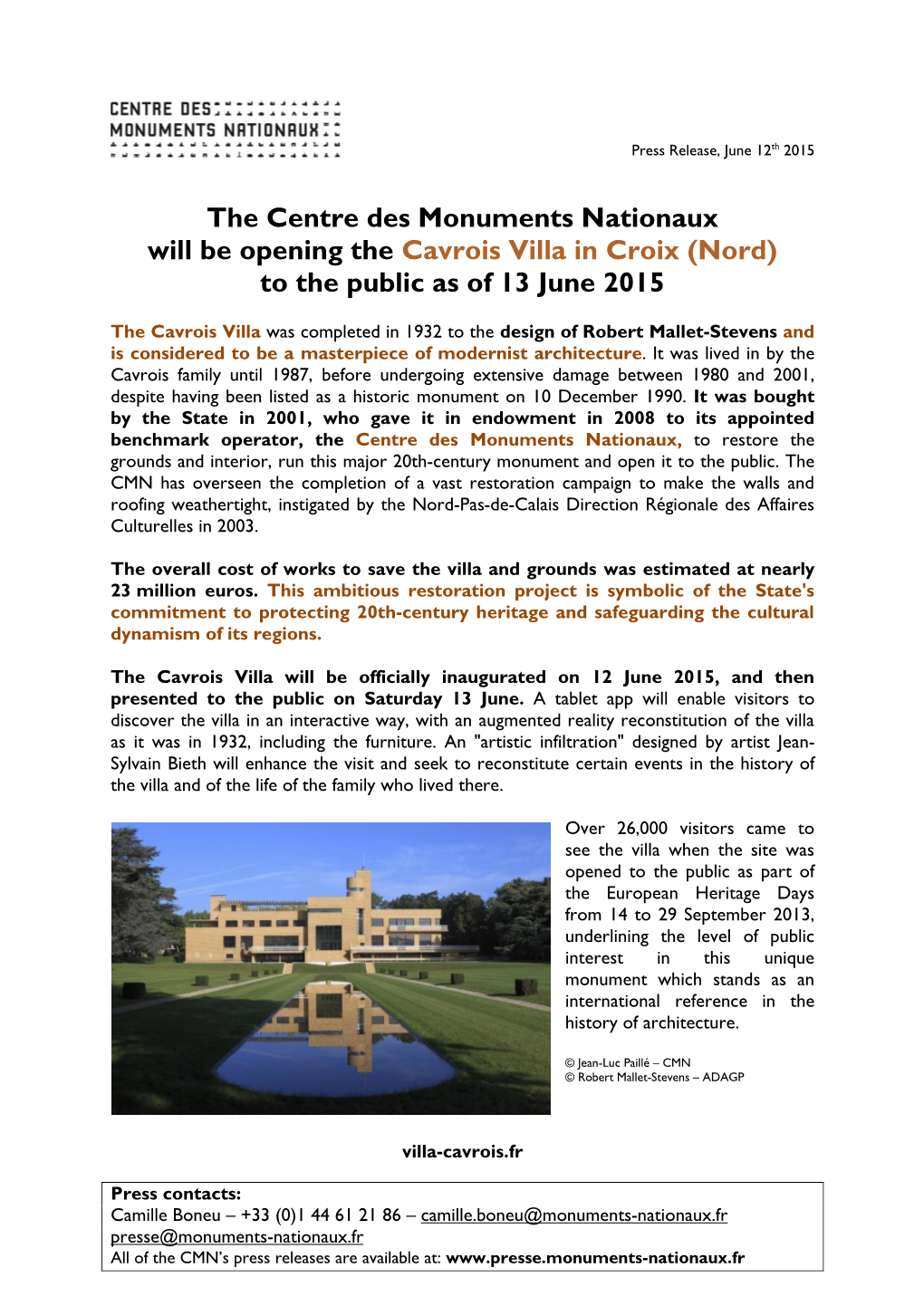 The Centre Des Monuments Nationaux Will Be Opening the Cavrois Villa in Croix (Nord) to the Public As of 13 June 2015