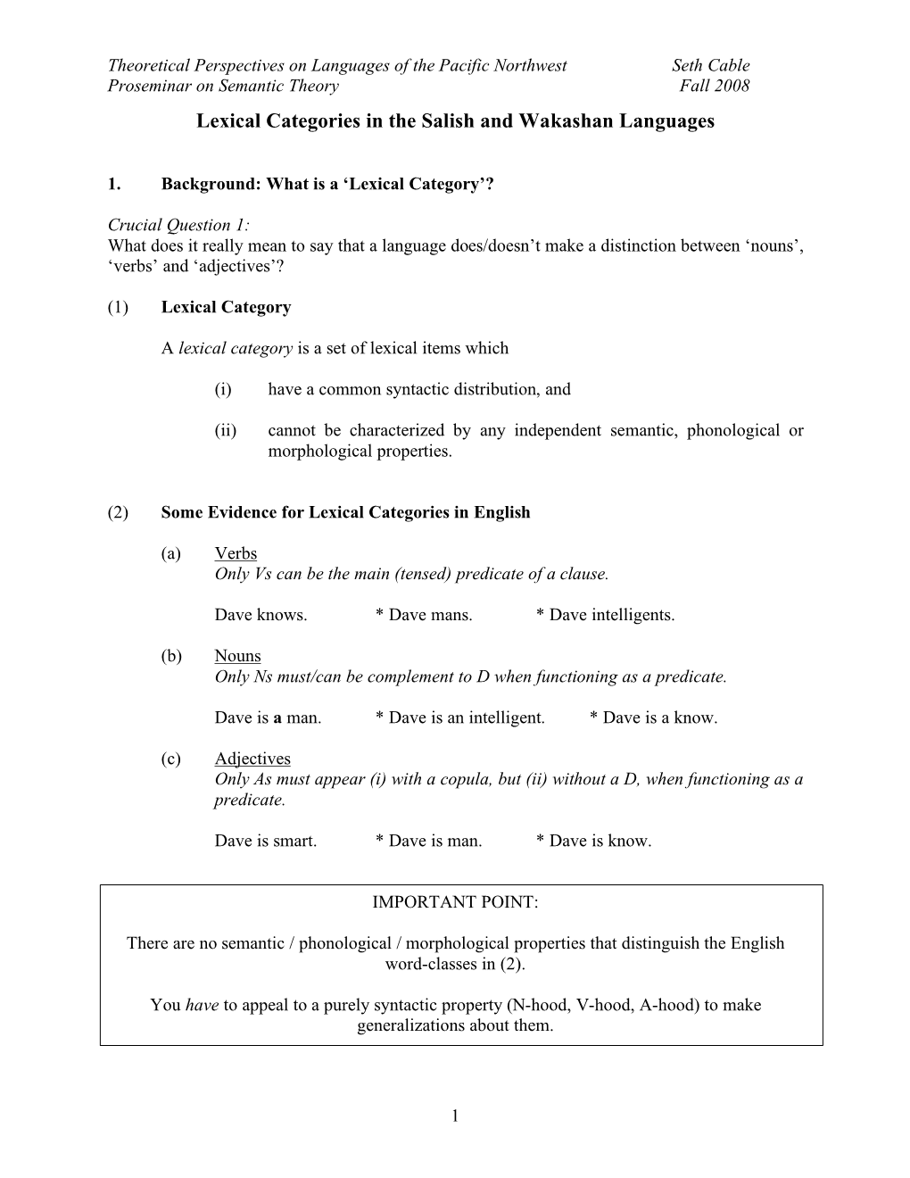 Lexical Categories in the Salish and Wakashan Languages