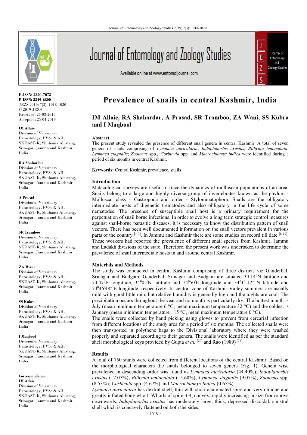 Prevalence of Snails in Central Kashmir, India