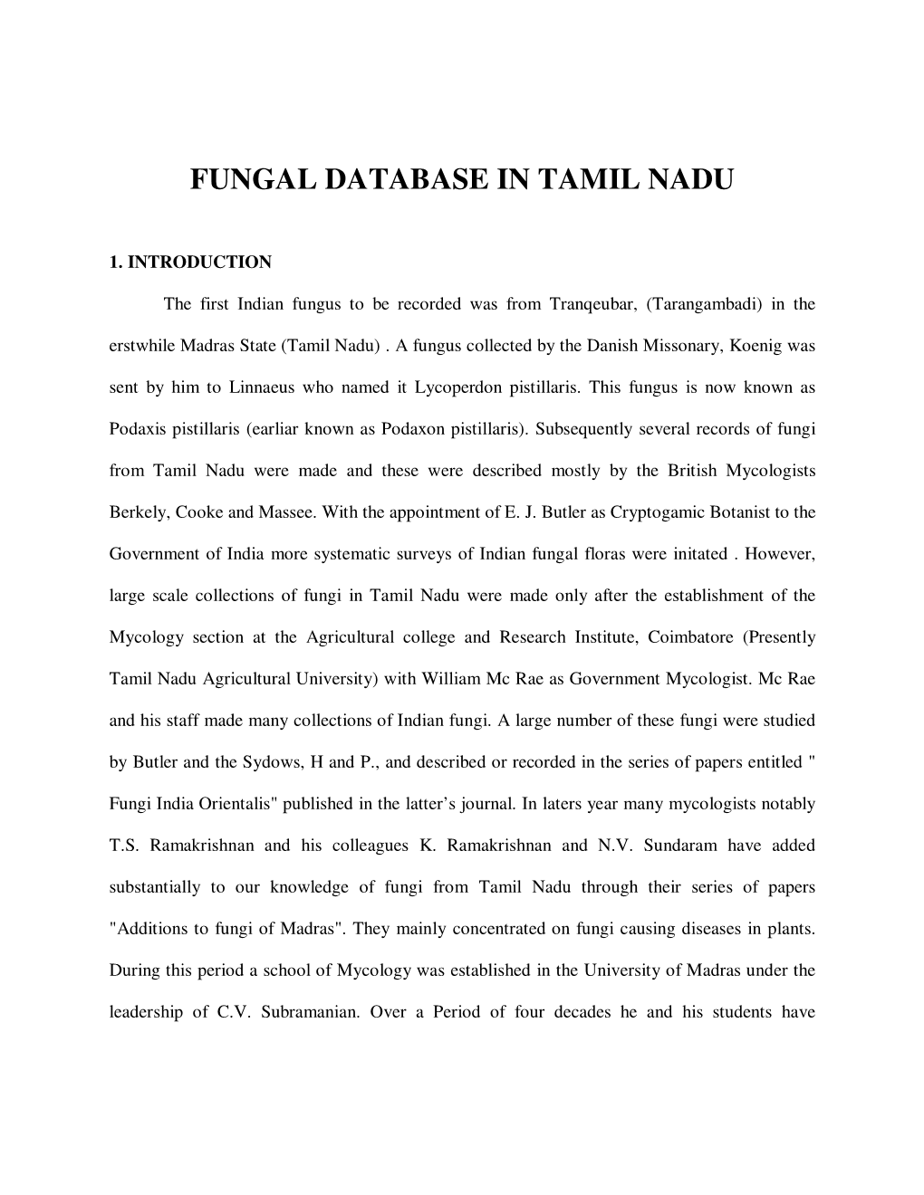 Fungal Database in Tamil Nadu