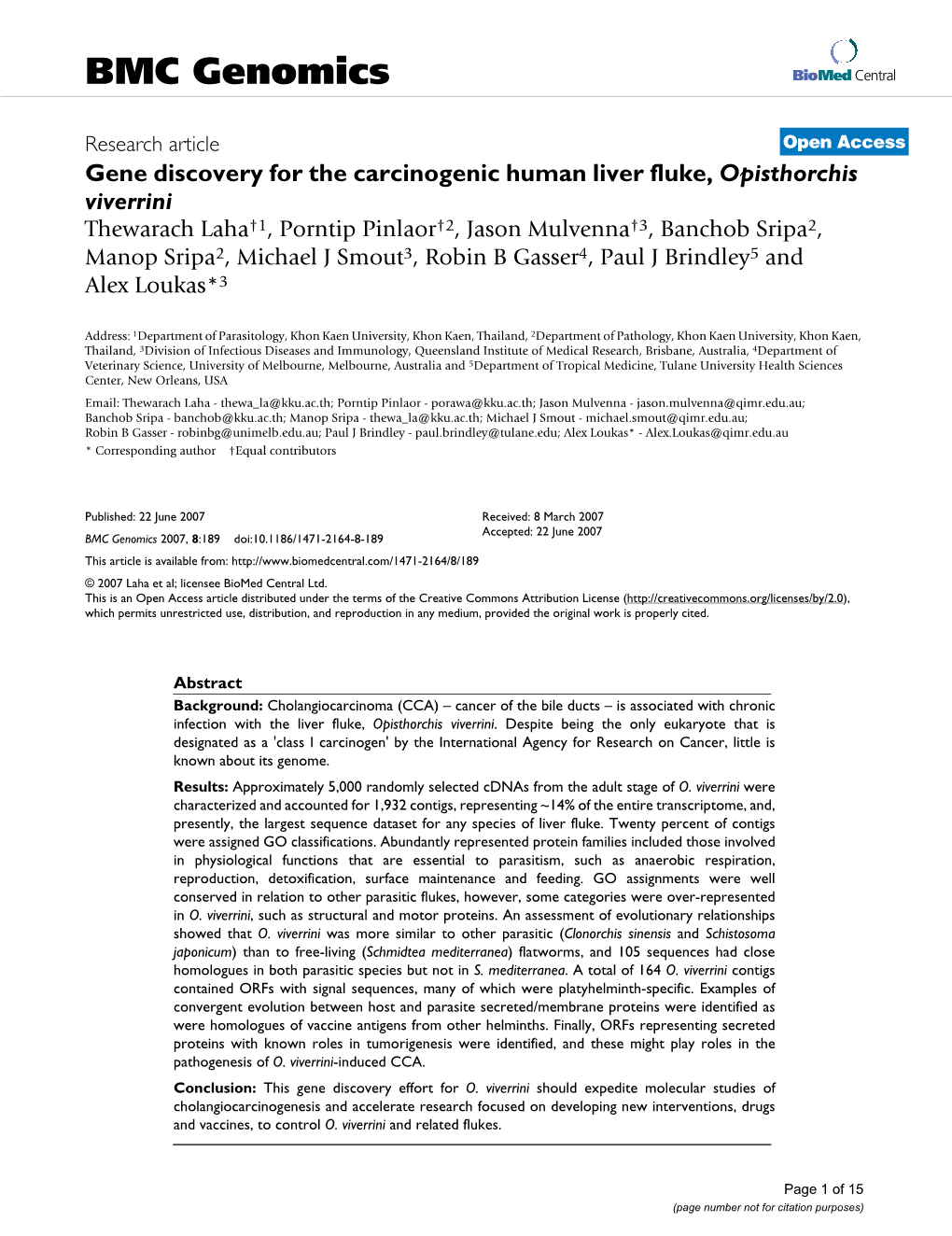 Gene Discovery for the Carcinogenic Human Liver Fluke, Opisthorchis
