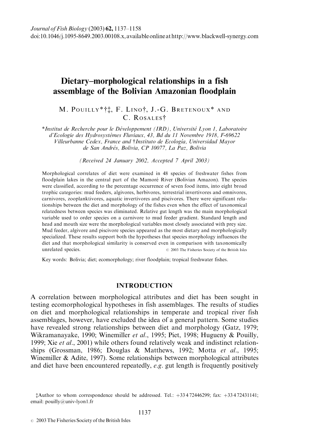 Dietary´–Morphological Relationships in a Fish Assemblage of the Bolivian Amazonian Floodplain