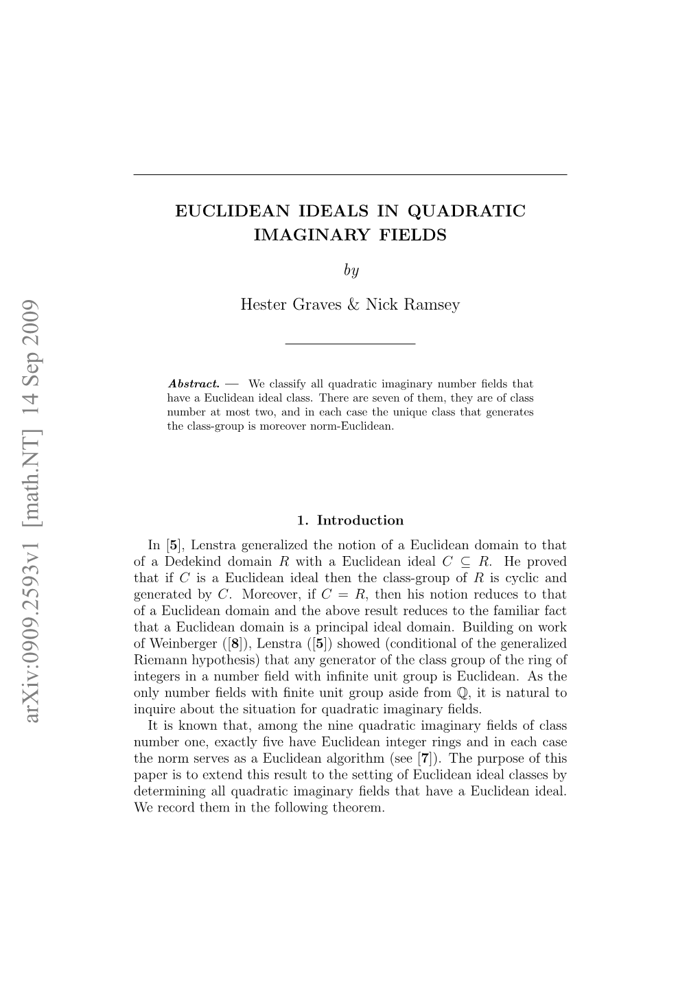 Arxiv:0909.2593V1 [Math.NT] 14 Sep 2009