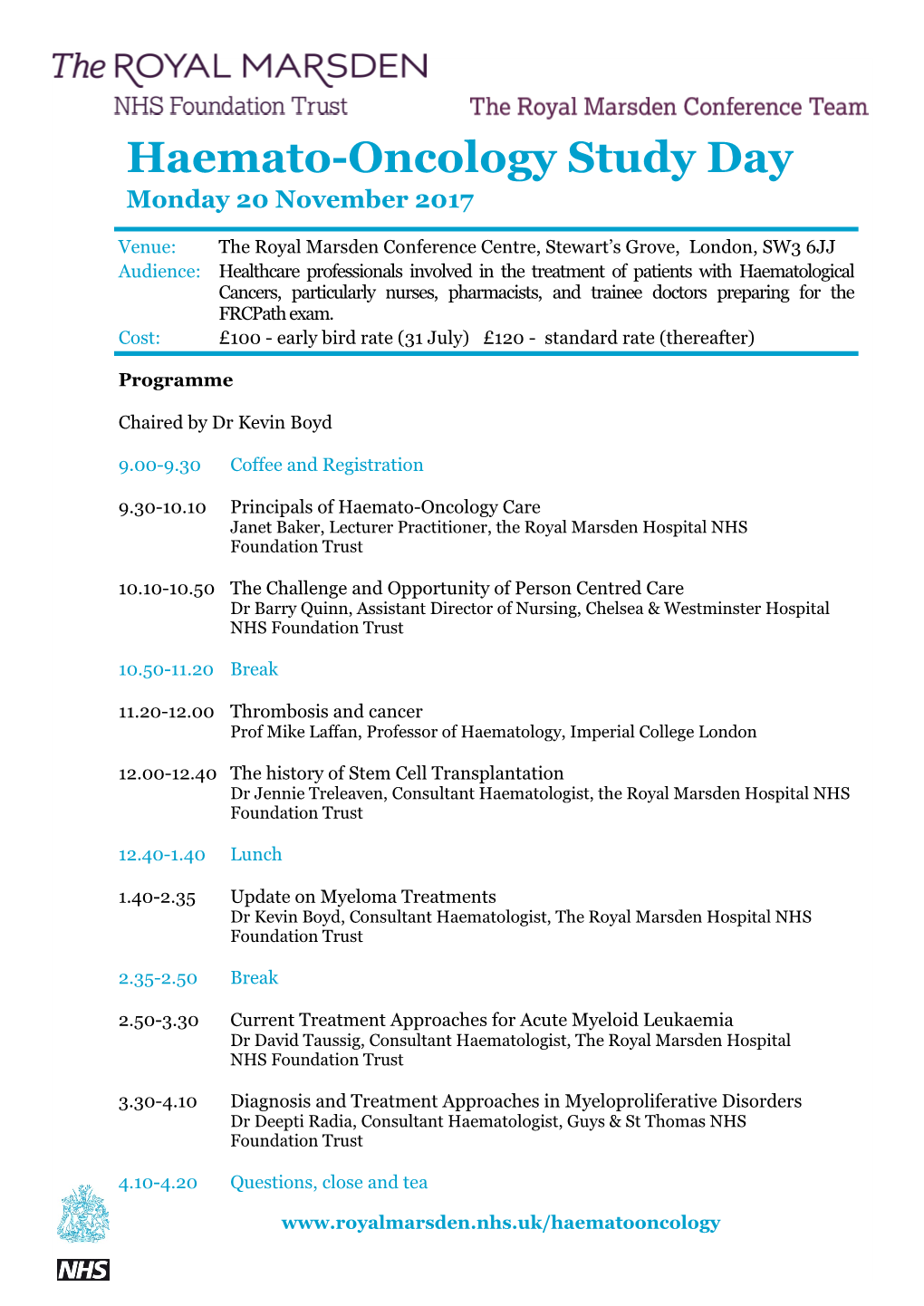 Haemato-Oncology Study Day Monday 20 November 2017