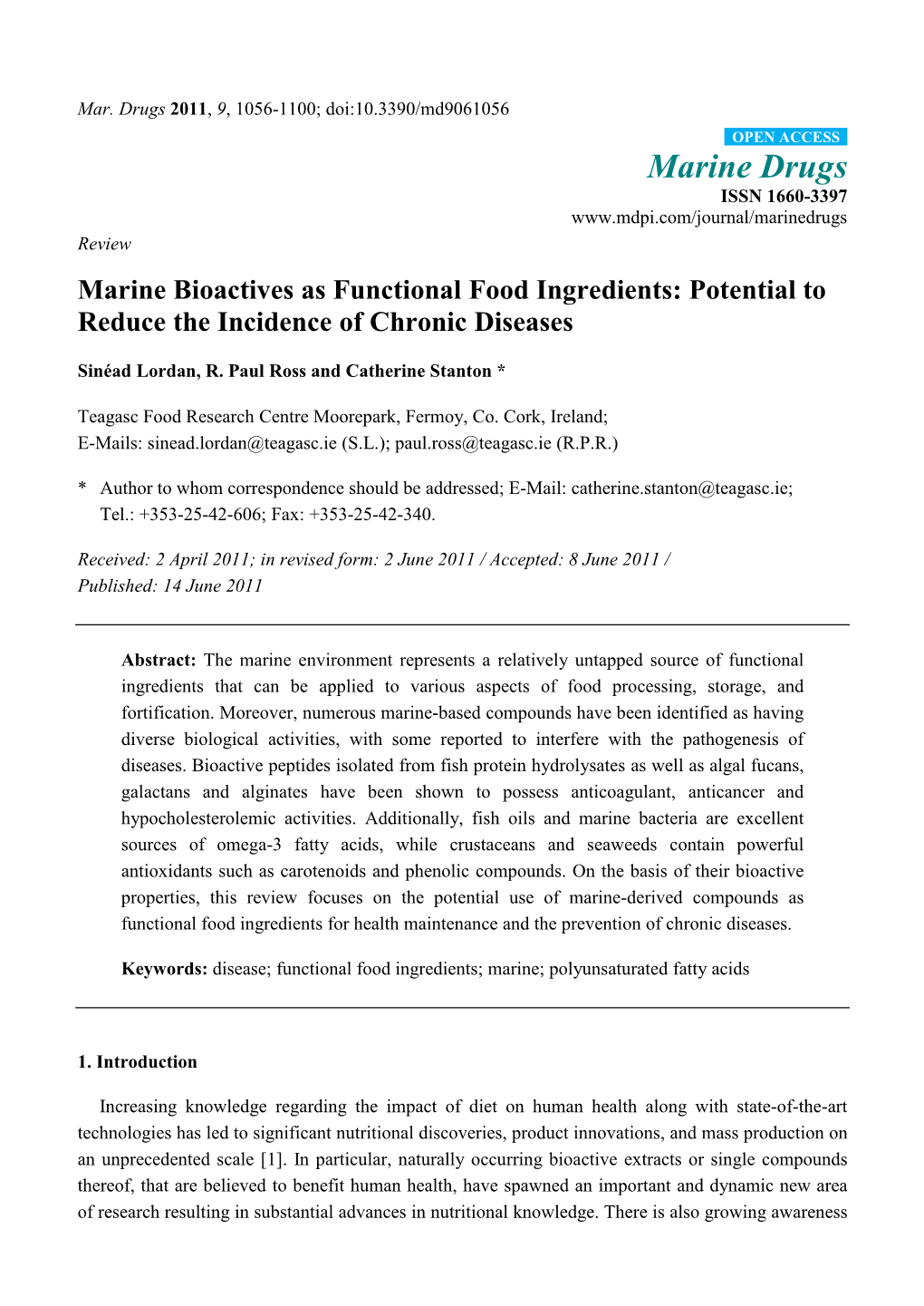 Marine Bioactives As Functional Food Ingredients: Potential to Reduce the Incidence of Chronic Diseases